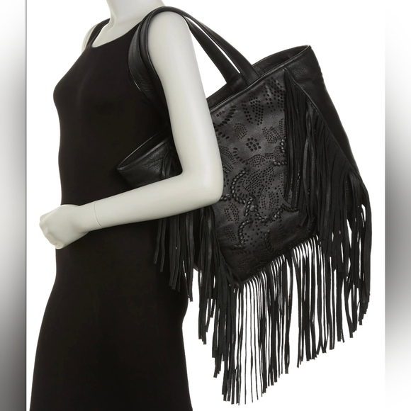 Frye Handbags - Frye Vivian Leather Fringe Tote Bag black fringe trim